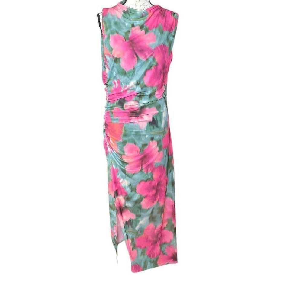 Nine Britton Women's Size 1X Magenta Green Floral Codi Fitted Mesh Maxi Dress
